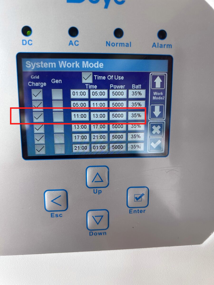 Deye inverter front panel on the System Work Mode screen, showing the six-line Time Of Use table with the 11:00 to 13:00 line highlighted in red